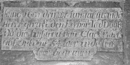 Anno 1661 den 27 ianuarij is in den heere gerust den eerbare Tied Doytse dor die huisvrou van Claes Pitters out ontrent 54 iaer ende leit hier begraven