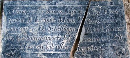 Anno 1730 den 12 mai is in den heere gerust de eerbare Maria Wisses wedue van wijllen d Schellinger in leven bedienaar des godlijken woorts tot Winsum oud 58 iaar en leit alhier begraven