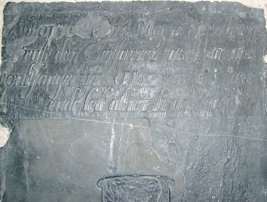 Anno 1[687 de]n 4 maij is in den heere gerust den eersamen Iacob Iacobs ontfanger van Wons out 68 iaer ende leit alhier begraven