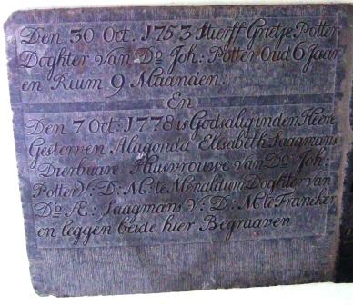 Den 30 oct: 1753 stierff Grietje Potter doghter van do. Joh: Potter oud 6 jaar en ruim 9 maanden 

en

Den 7 oct: 1778 is godsalig in den heere gestorven Alagonda Elisabeth Saagmans dierbaare huisvrouw van do. Joh: Potter v:d:m: te Menaldum doghter van do Ae Saagman v:d:m: te Franeker en leggen beide hier begraaven